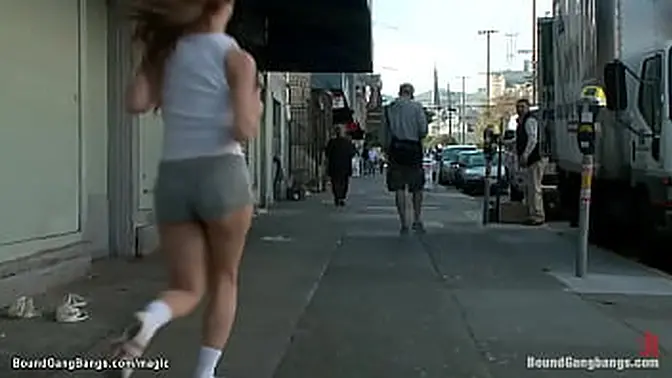 Law student Amy Brooke is chased by a group &mdash;  tied up &mdash;  and brutally gang-banged with double penetration