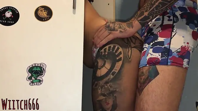 Tattooed teen brunette gives deepthroat to big cock