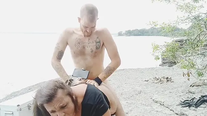 Mature MILF gets deepthroated and fucked in Bdsm outdoor scene