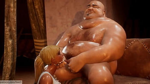 Fat Guy Can't Resist Big Tit Slaves