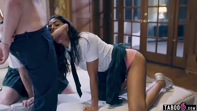 Latina teen takes big cock in nasty threesome