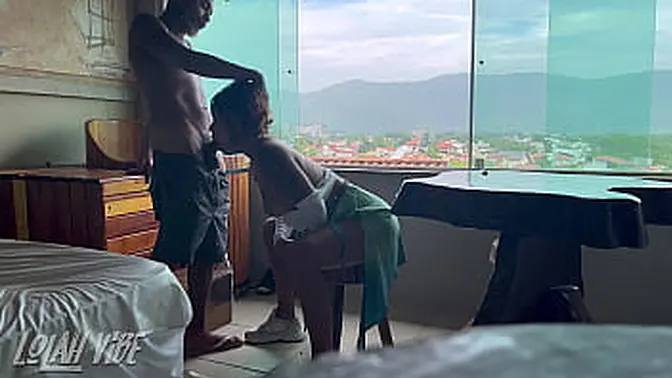 Latina wife gives neighbor a tasty treat