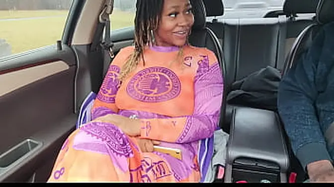 Chubby ebony babe moans in public while using a magic wand