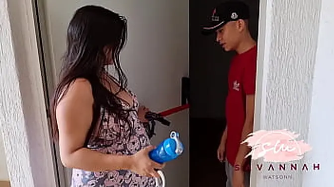 Pregnant Latina slut gets fucked on stairs by her neighbor