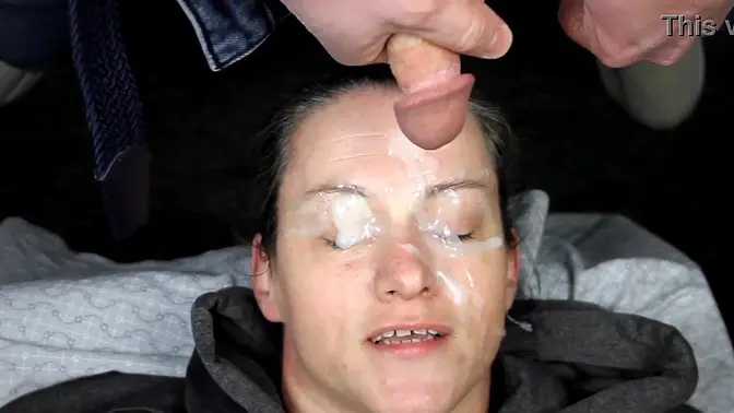 Brunette beauty gets multiple facials at guys' wild night out