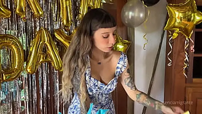 Tattooed Latina gives birthday blowjob while getting filled with milk
