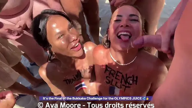 French girl and ladyboy suck strangers' cocks on public beach