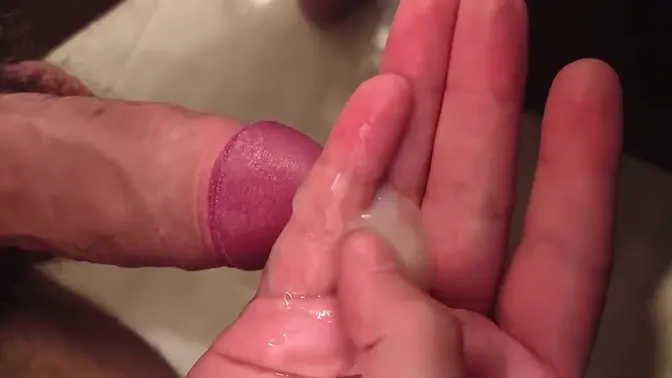 Young man with uncut big cock jerks off to massive cumload