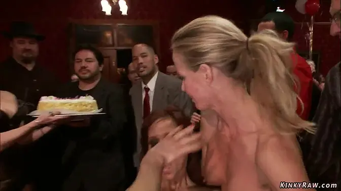 Publicly humiliated MILF slaves get fucked and fisted at party