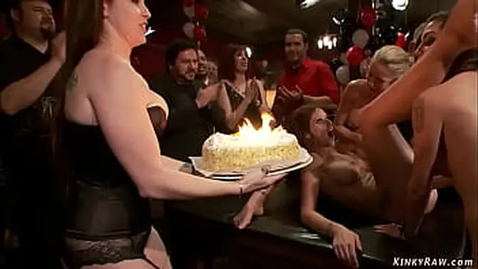 Publicly humiliated MILF slaves get fucked and fisted at party