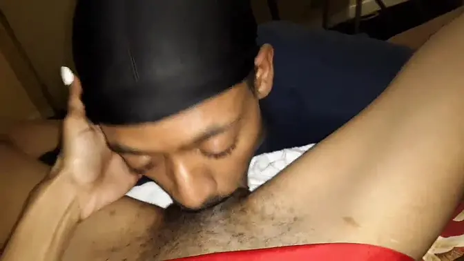 Ebony redbone eats hairy pussy like a pro