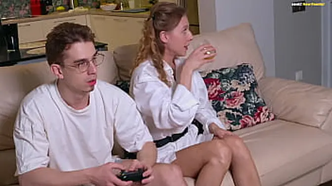 Naughty stepmom's girlfriend deep-throats big cock in secret threesome